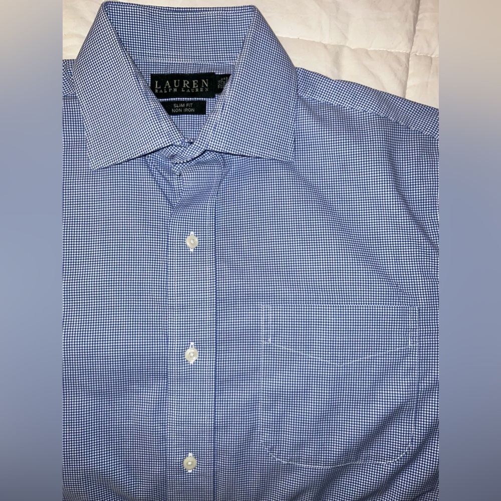 Ralph Lauren dress shirt in Blue Check! Slim fit, Non-iron. 15.5, 32/33
